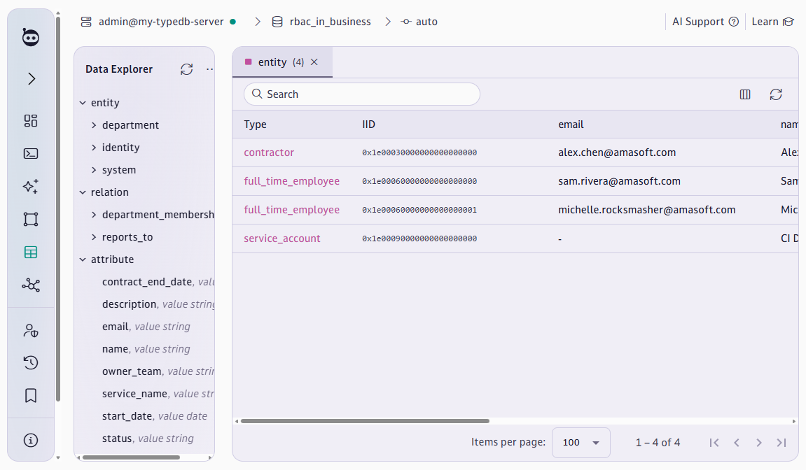 Data Explorer listing the four inserted identities with their attributes