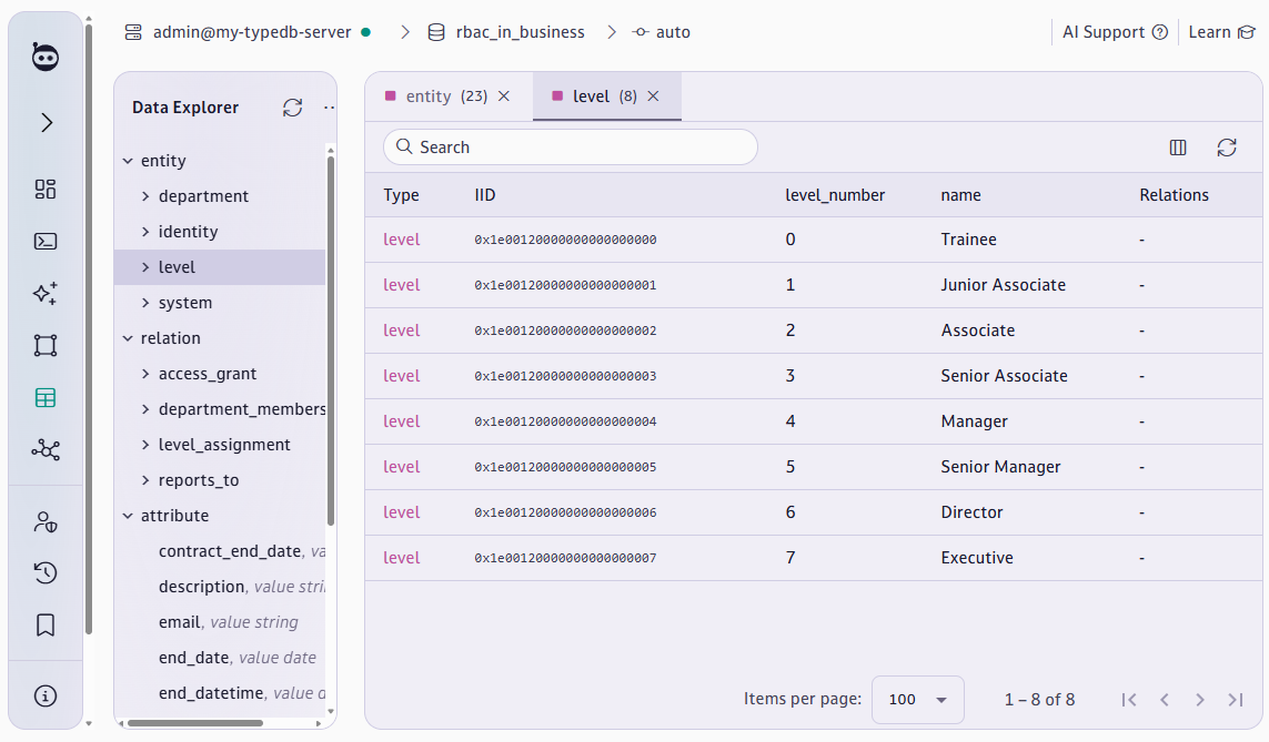 Data Explorer listing the eight levels with their numbers and names