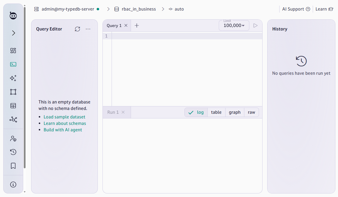 TypeDB Studio’s query page, connected to a fresh empty database