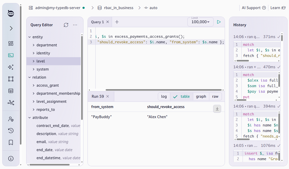 Query results flagging Alex Chen’s PayBuddy access for revocation