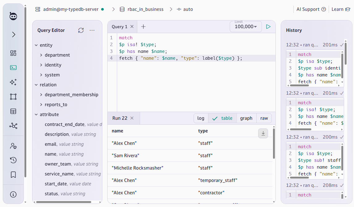 Query results listing each staff member with their single most specific type
